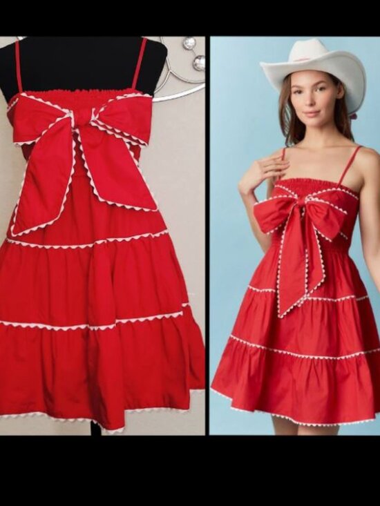 Red Ric Rack Bow Front Dress Small - Picture 2 of 5